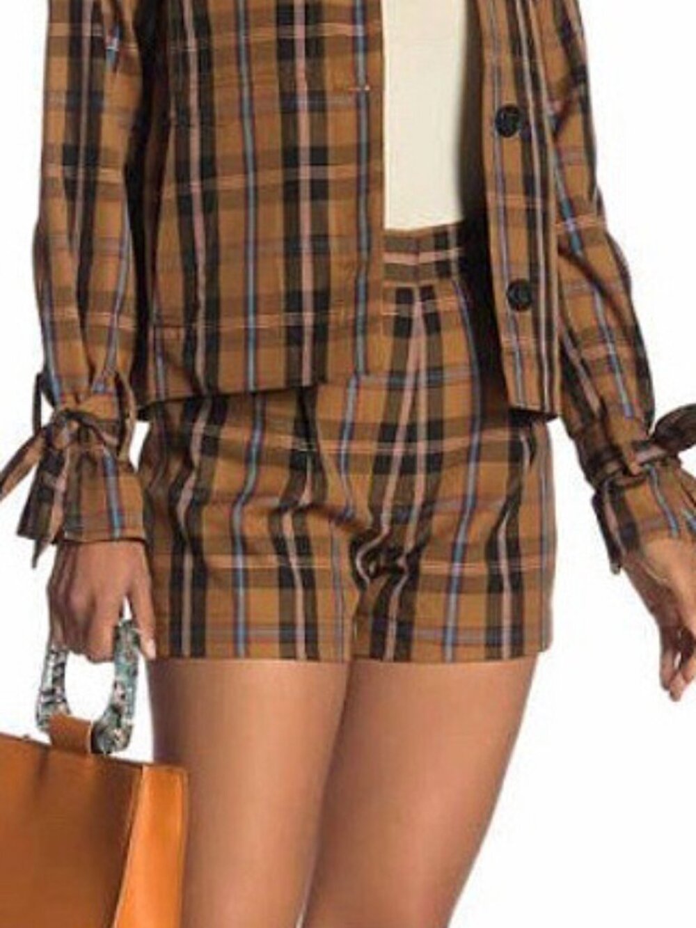 New Derek Lam 10 Crosby Plaid High Waist Shorts Ochre Brown 10 $395